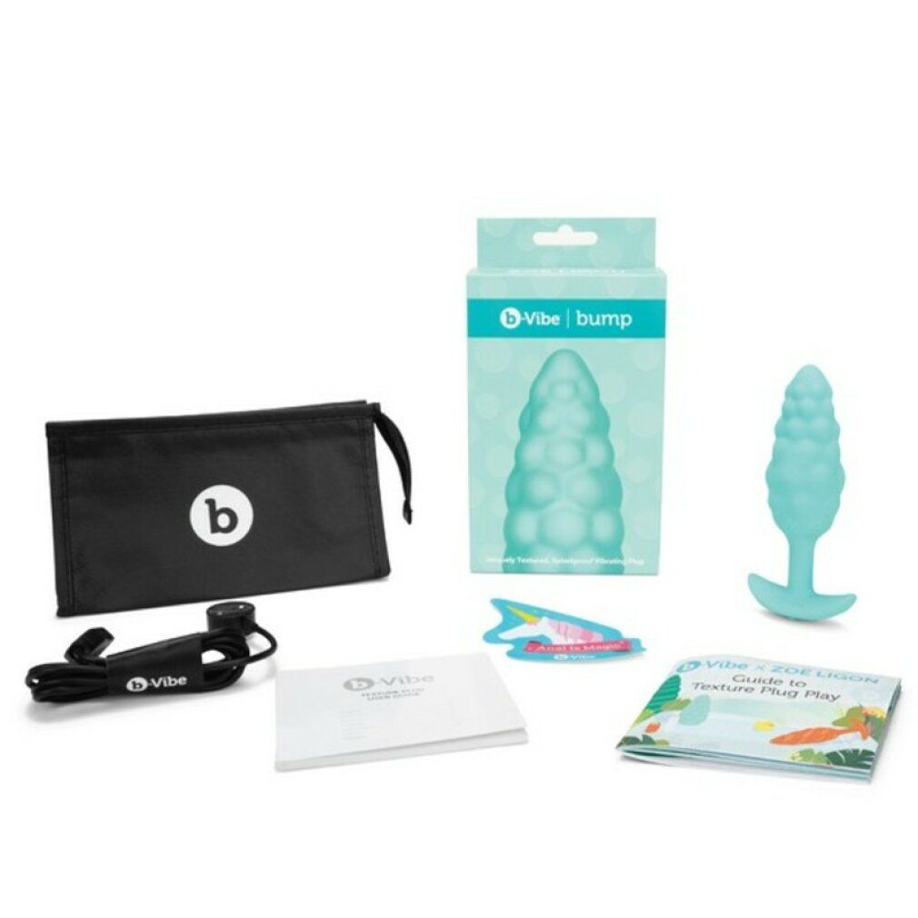 Set di prodotti con plug turchese, borsa nera, confezione, cavo, brochure e carta. Logo b-Vibe.