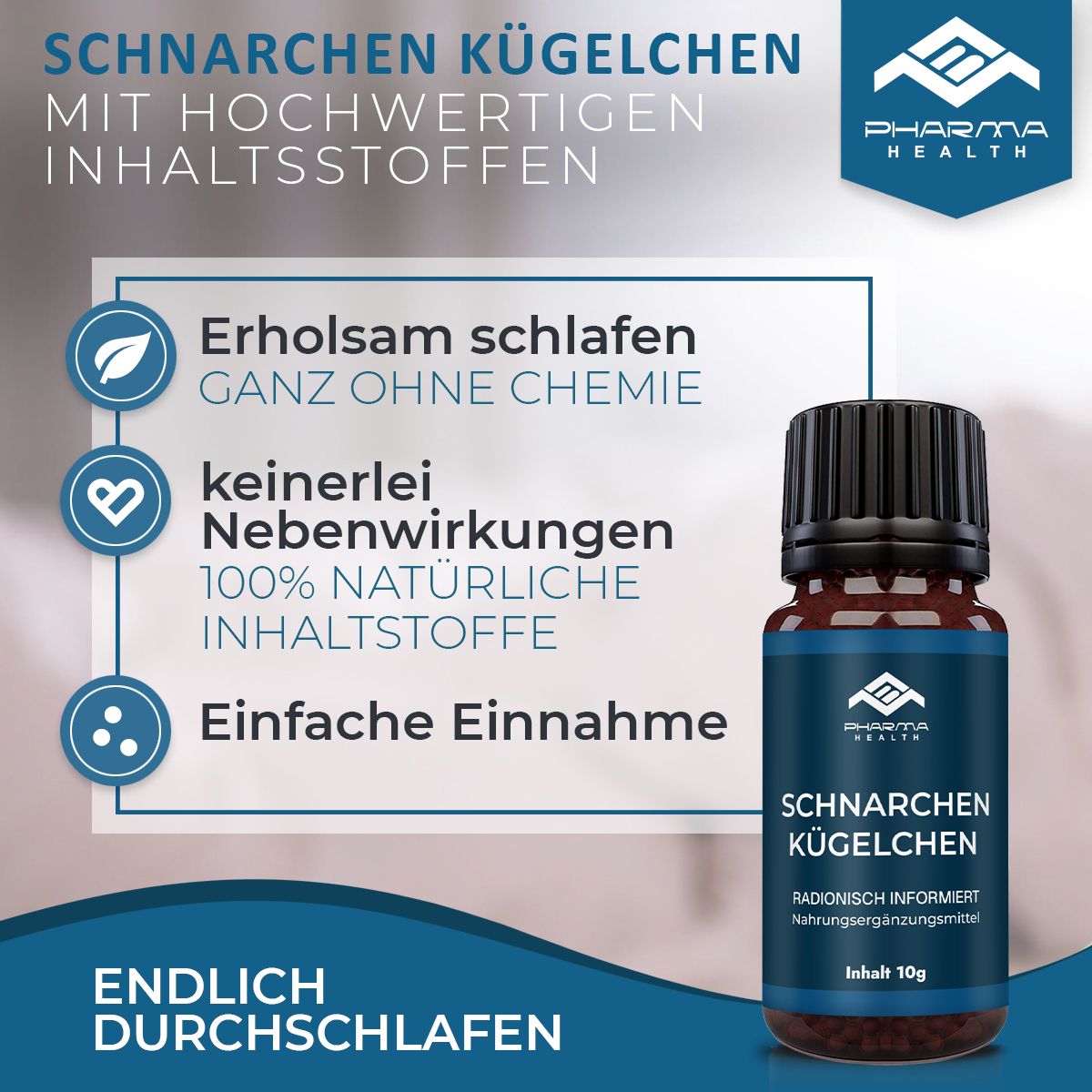 Flacone con scritta: Pharma Health, Schnarchen Kügelchen. Testo: Dormire riposati, nessun effetto collaterale, facile assunzione.