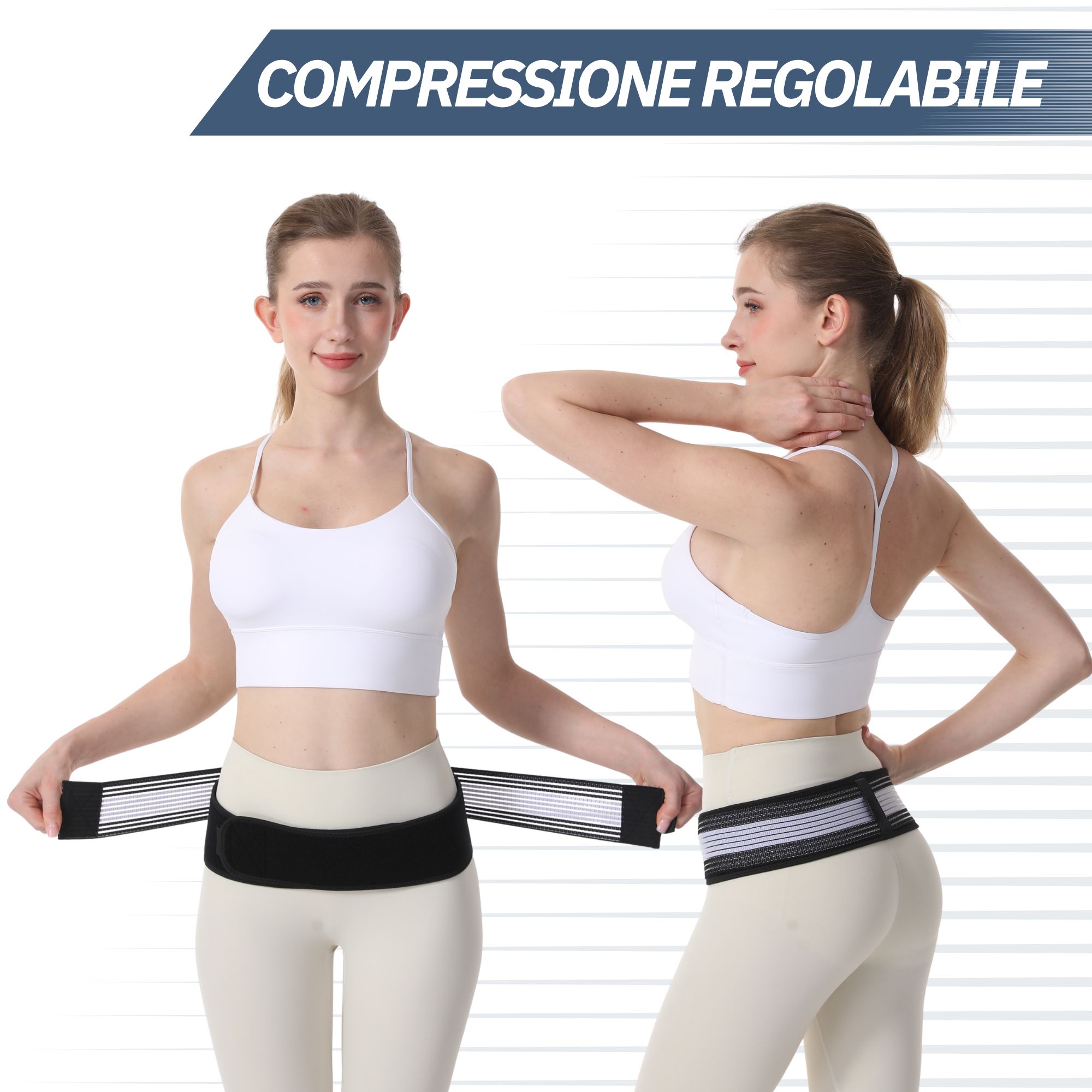 Due donne che indossano una cintura lombare per la compressione.