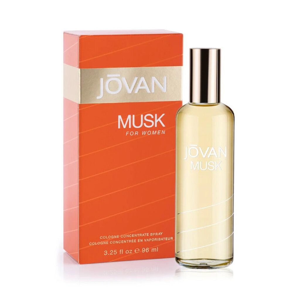 Flacone e confezione di Jovan Musk for Women. Confezione rossa con logo dorato. Flacone con tappo dorato.