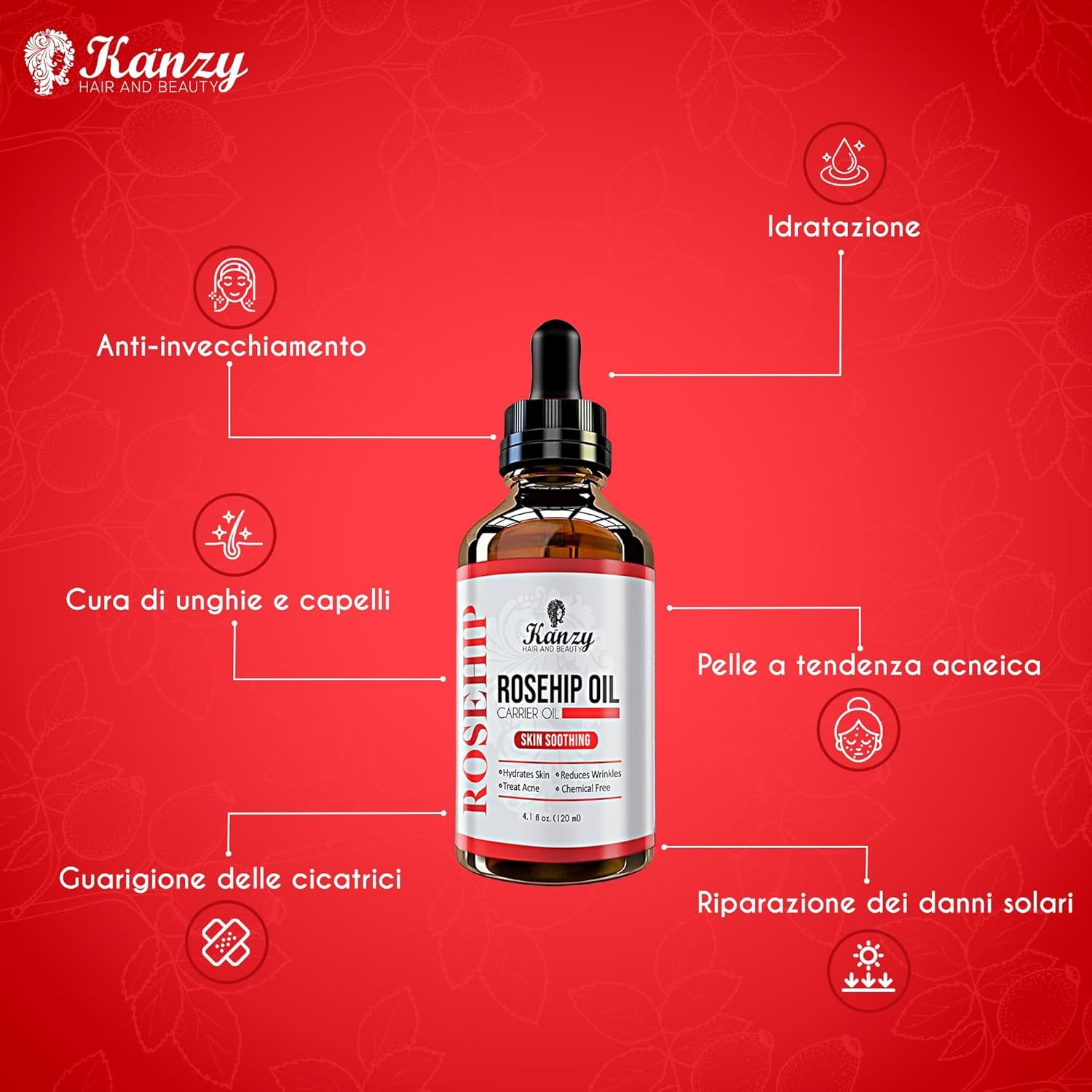 Flacone di vetro marrone con pipetta. Scritta: Rosehip Oil, Skin Soothing. Benefici: anti-età, cura dei capelli, cicatrici, acne, danni solari, idratazione.