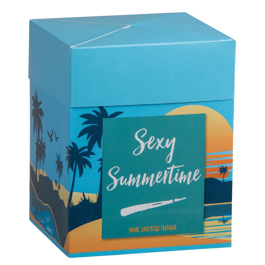 Una scatola blu a tema palma con la scritta 'Sexy Summertime'.