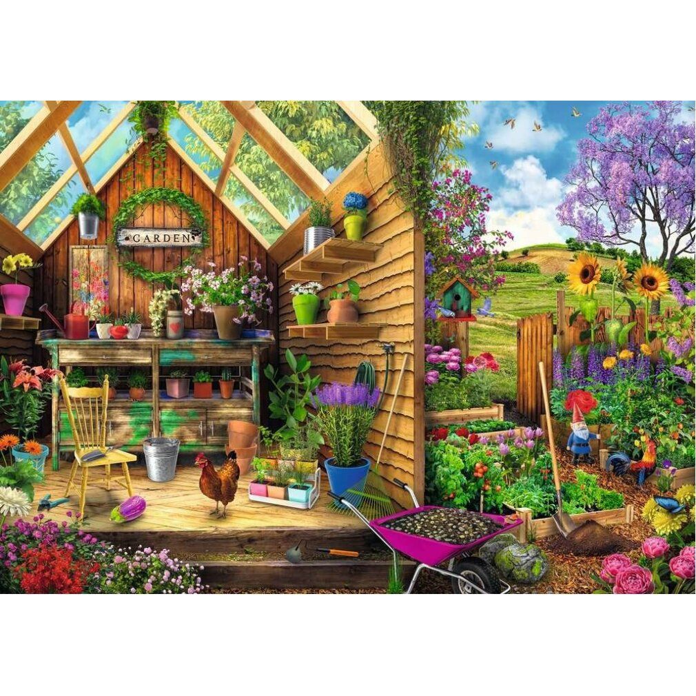 Puzzle con scena di giardino. Serra, fiori, attrezzi e galline. Rappresentazione colorata.