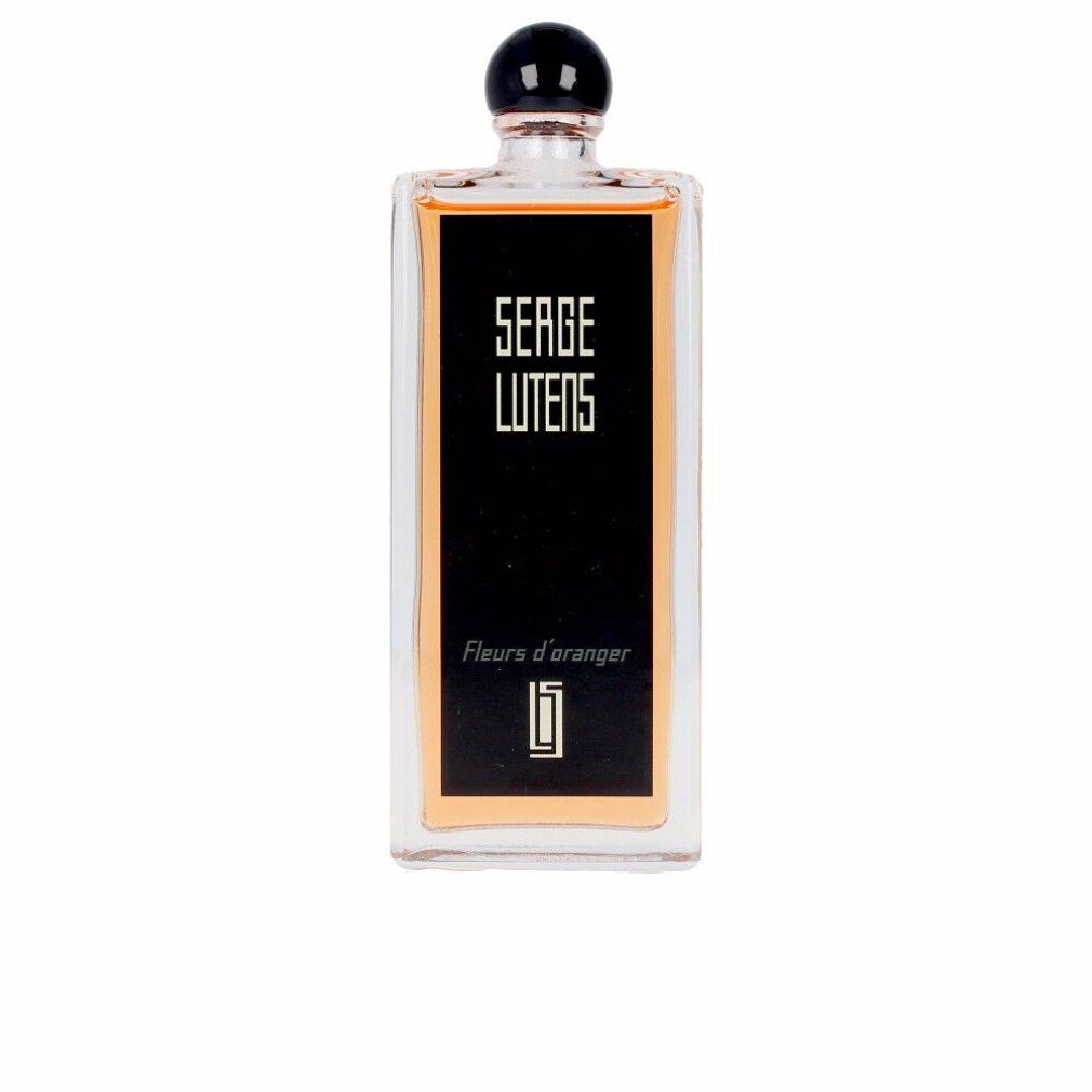 Piccolo flacone rettangolare in vetro con tappo nero. Etichetta nera con testo bianco: SERGE LUTENS, Fleurs d'oranger. Cornice arancione.
