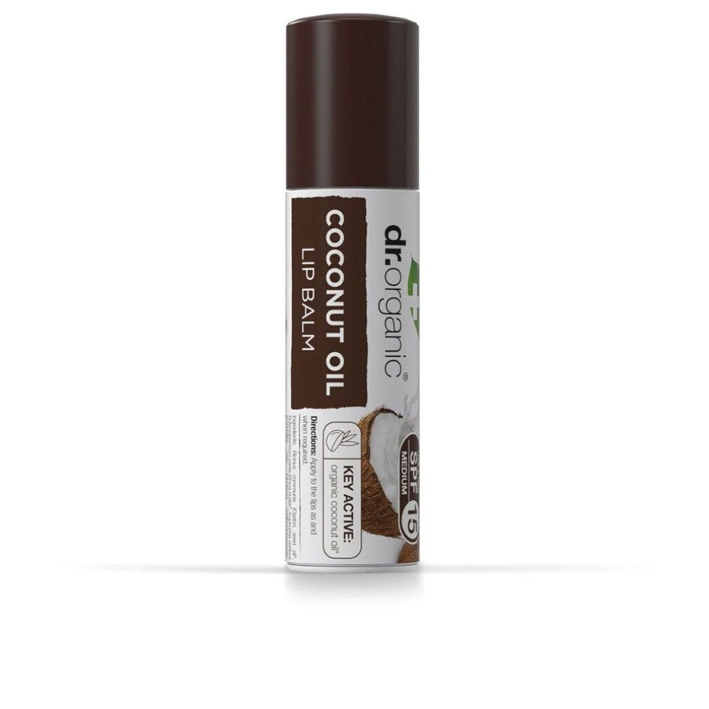 Balsamo per labbra con tappo marrone. Scritta: Coconut Oil Lip Balm, SPF 15. Marchio: dr.organic. Illustrazione di cocco.