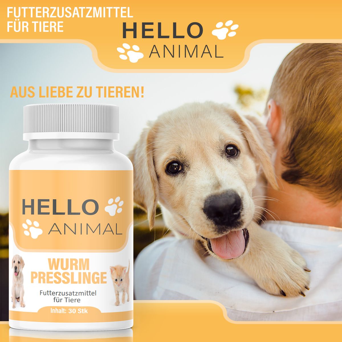 Immagine pubblicitaria con flacone di pillole e cane. Scritta: HELLO ANIMAL, Wurm Presslinge. Per amore degli animali!