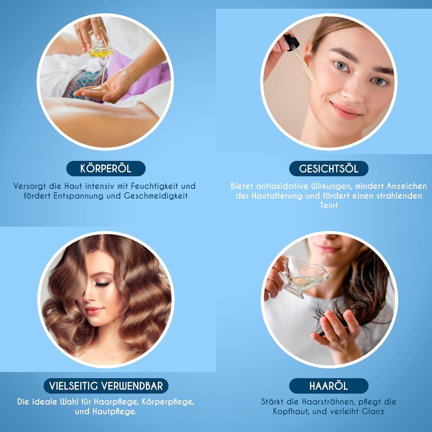 Quattro immagini: Olio per il corpo, olio per il viso, versatile, olio per capelli. Tutti con olio di vitamina E. Sfondo blu.