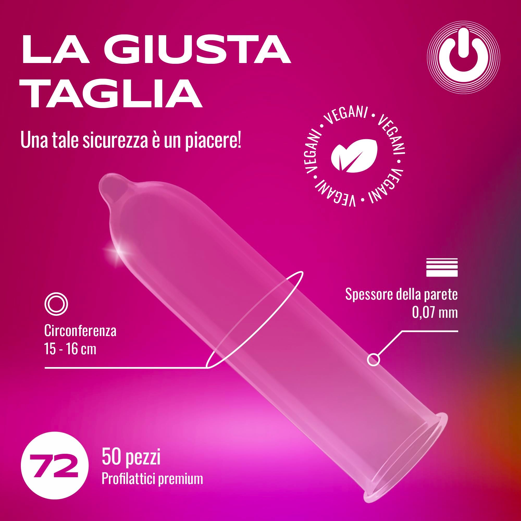 Un preservativo trasparente con serbatoio, spessore 0,07 mm, vegan.