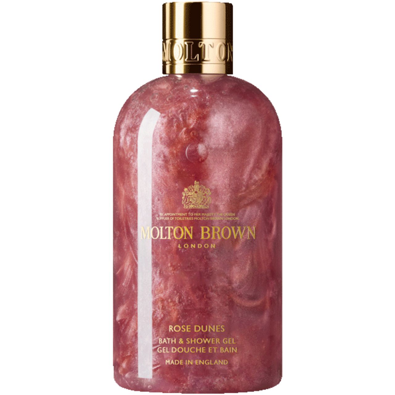 Gel doccia rosa in bottiglia con tappo dorato. Testo: Molton Brown, Rose Dunes, Bath & Shower Gel.