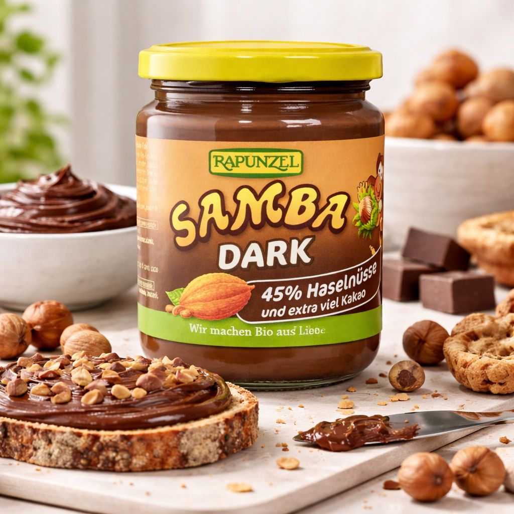 Crema spalmabile Rapunzel Samba Dark cacao-nocciole in vasetto con tappo giallo, nocciole e cacao.