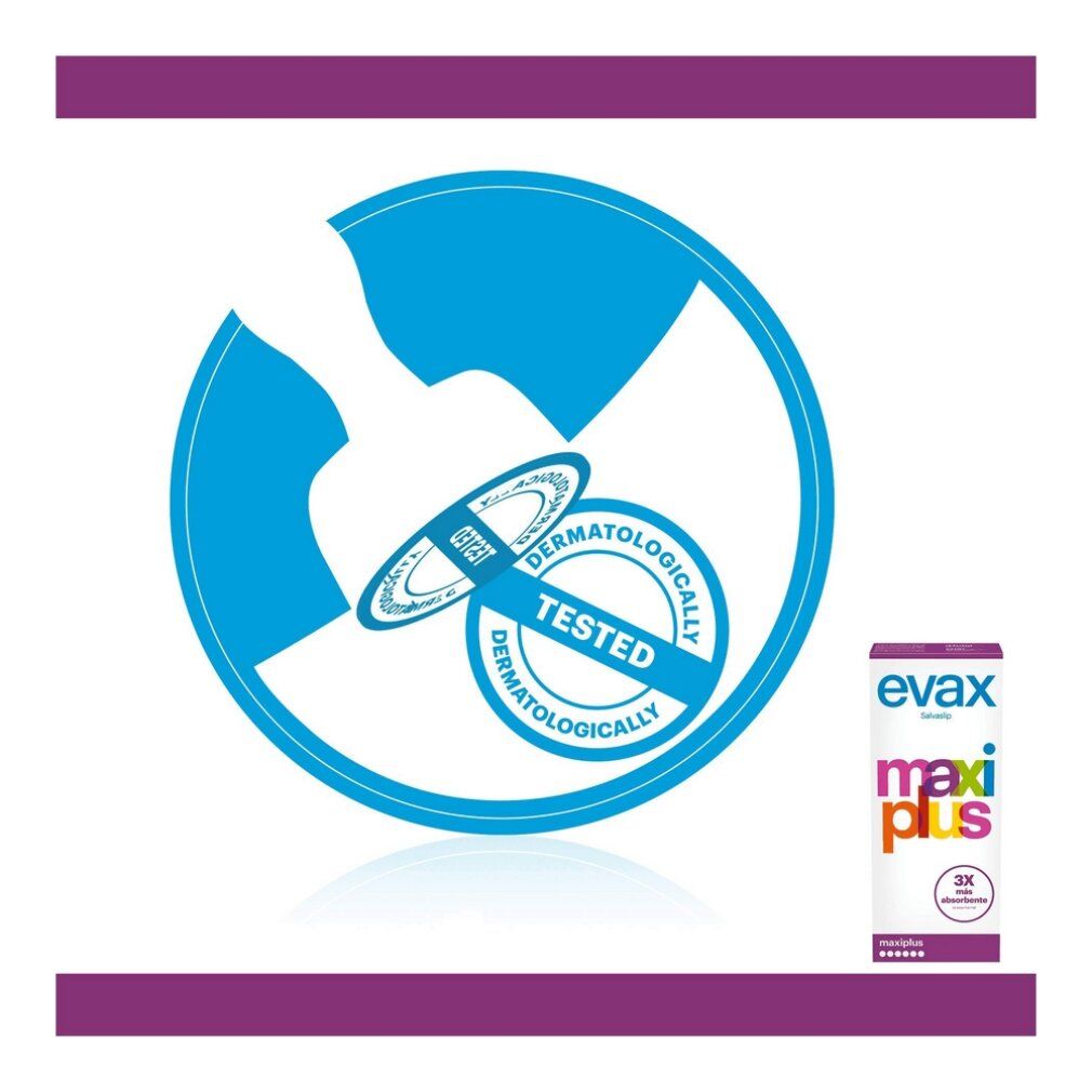 Rappresentazione grafica con sigillo dermatologicamente testato. A destra: confezione Evax Maxiplus. Scritta: evax, maxi plus, 3x.
