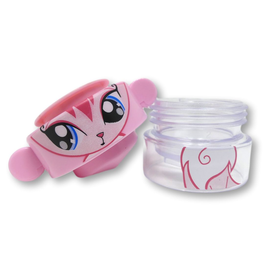 Mortaio per compresse rosa con design animale, aperto. Contenitore trasparente.