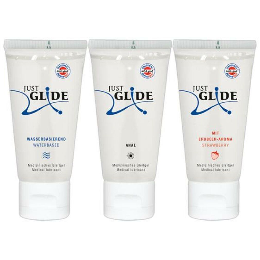 Tre tubi di gel lubrificante. Scritta: JUST GLIDE. Varianti: a base d'acqua, anale, aroma fragola. Lubrificante medico.