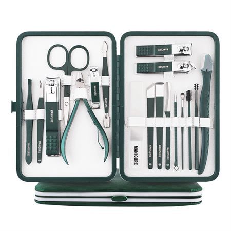 Set manicure verde scuro con 16 strumenti, aperto e posizionato.