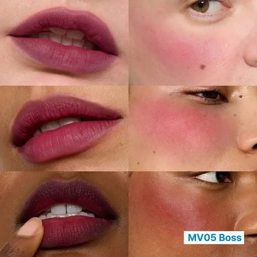 Primi piani multipli di labbra e guance con fard. Testo: MV05 Boss.