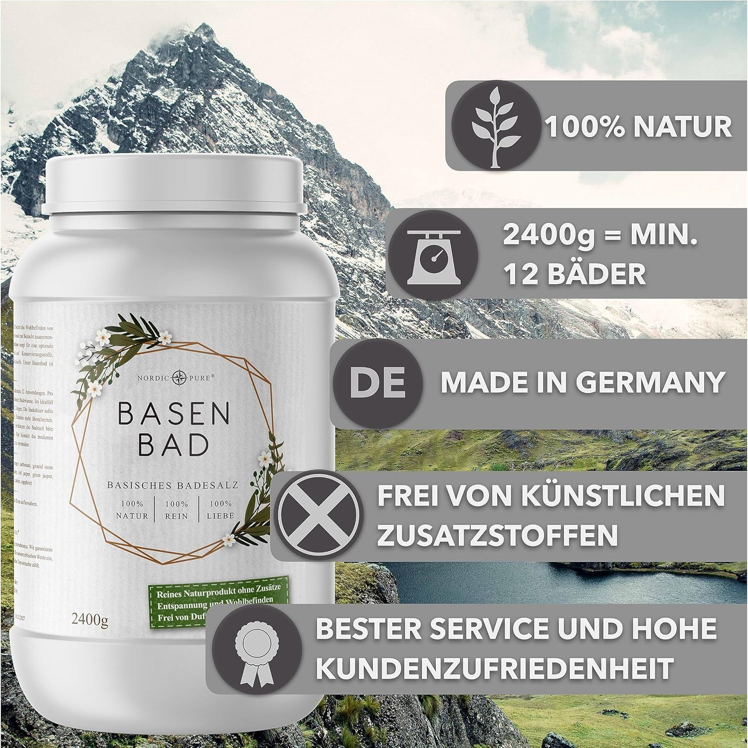 Contenitore bianco "BASEN BAD" davanti a paesaggio montano. 2400g. 100% naturale. Made in Germany. Senza additivi artificiali.