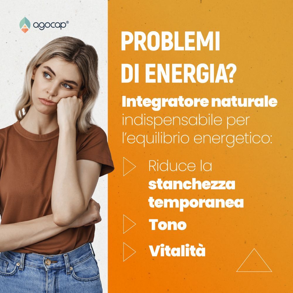 Donna con espressione pensierosa. Testo: Problemi di energia? Integratore naturale. Riduce la stanchezza, energia, vitalità.