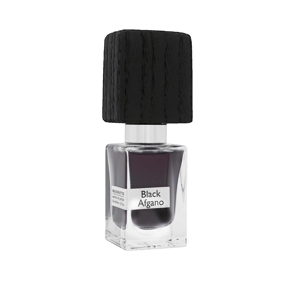 Flacone quadrato in vetro con tappo in legno nero. Etichetta "Black Afgano". Liquido scuro.