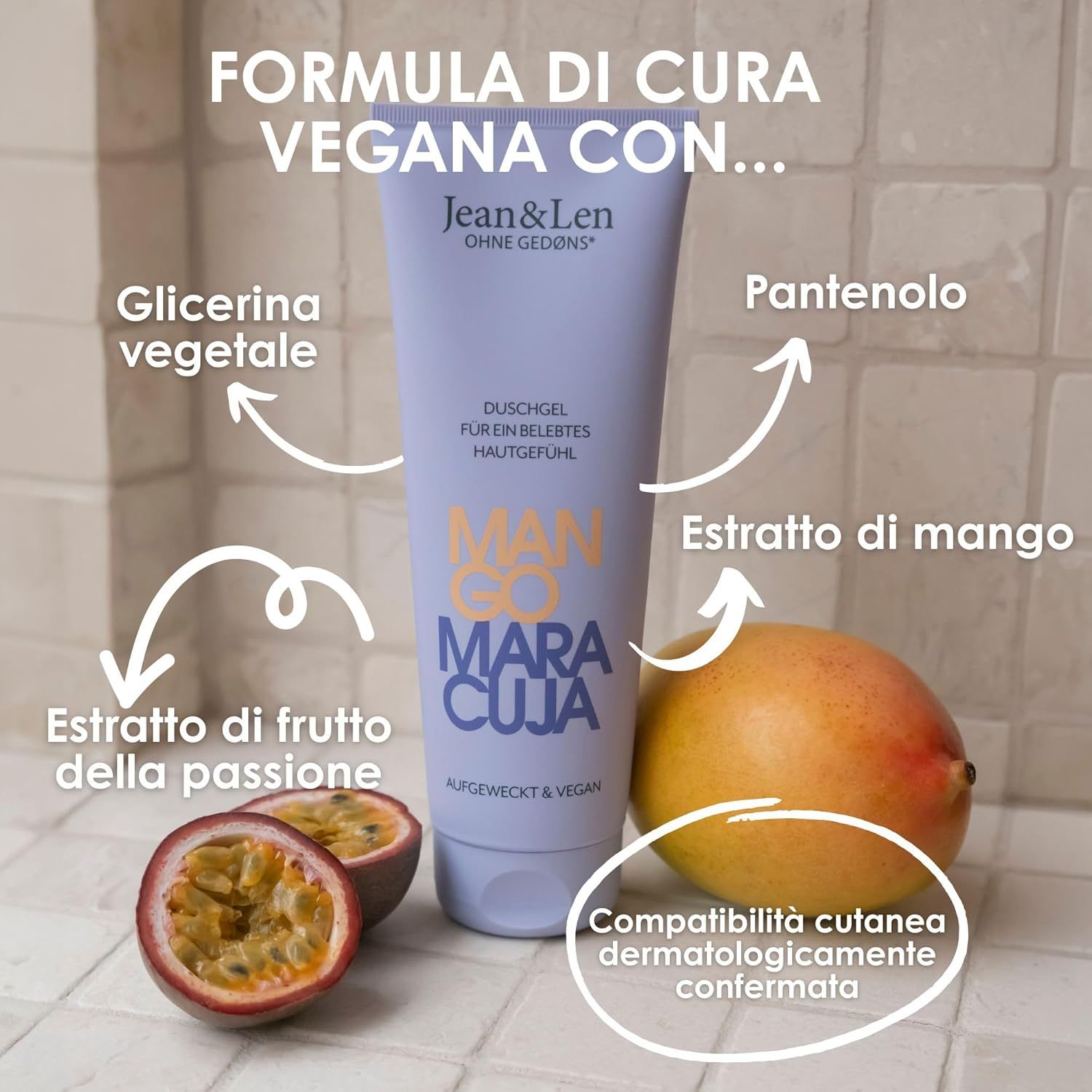 Tubo di gel doccia Mango & Maracuja, mango, metà frutto della passione. Testo: Formula di cura vegana con... Compatibilità cutanea dermatologicamente confermata.