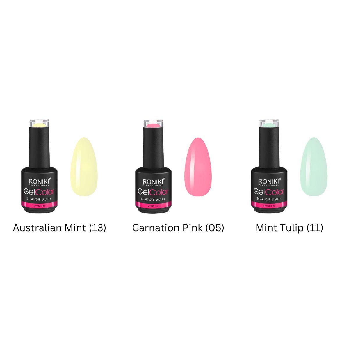 Tre flaconi di smalto gel: Australian Mint, Carnation Pink, Mint Tulip.