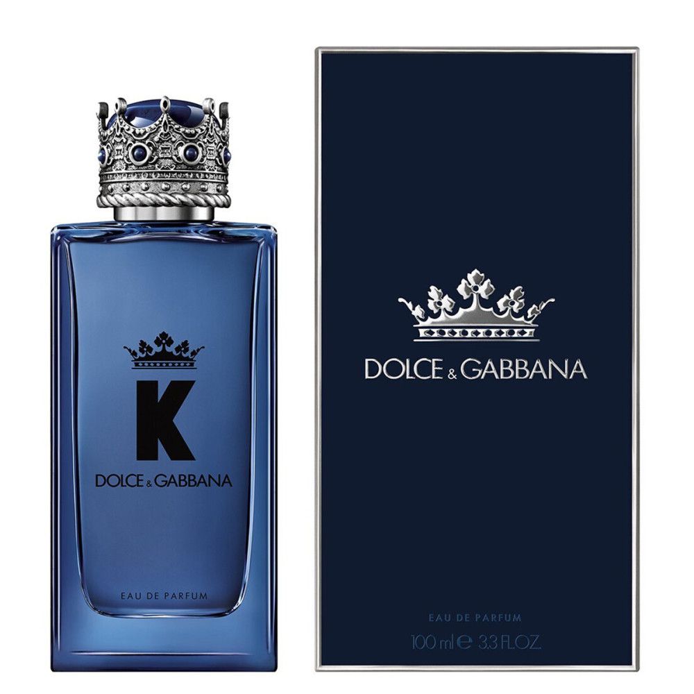 Confezione in cartone e flacone in vetro blu con corona argentata. Logo 'K' e scritta Dolce & Gabbana.