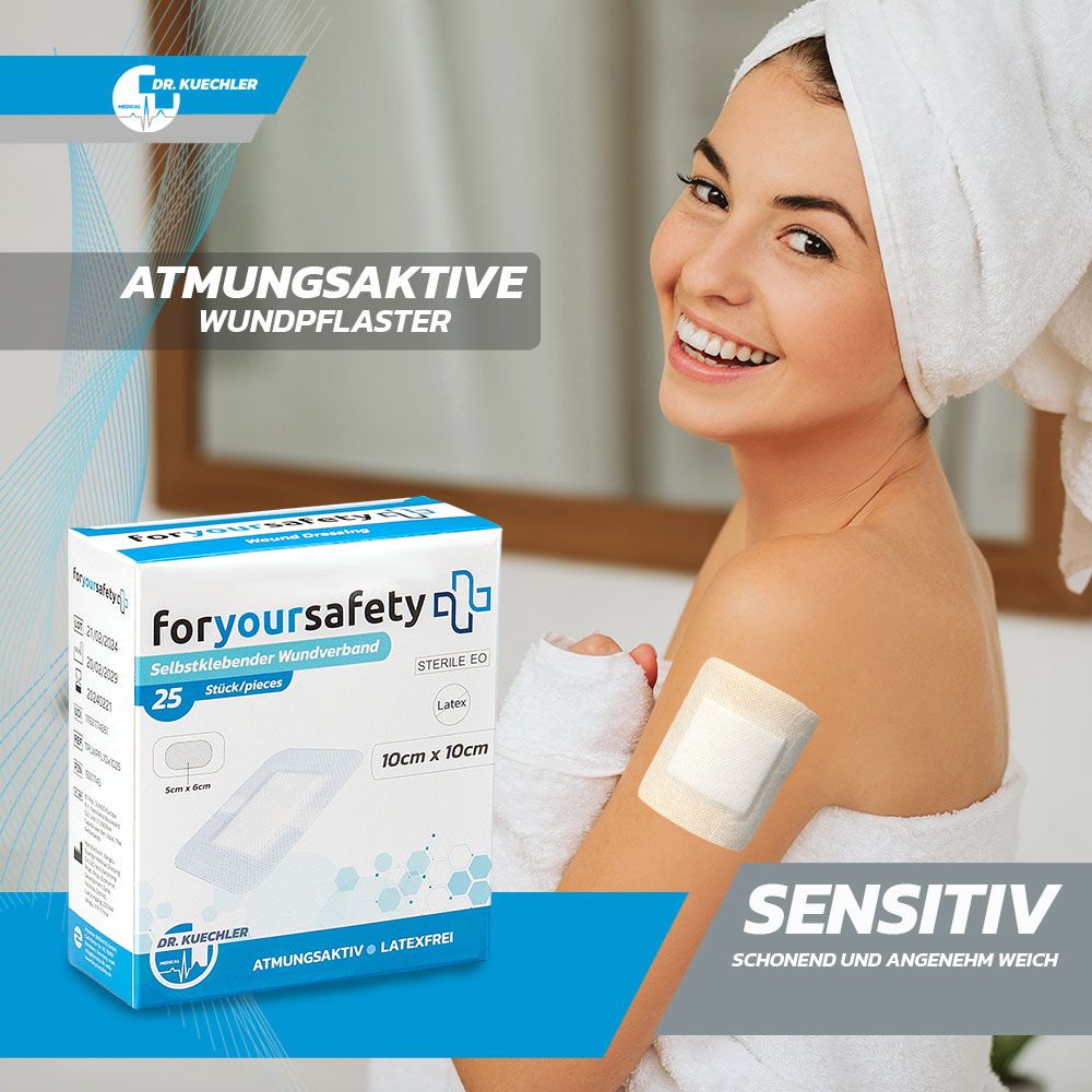 Donna con asciugamano, cerotto sul braccio. Scatola di cerotti, scritta: foryoursafety, 25 pezzi, 10x10cm. Logo: Croce.