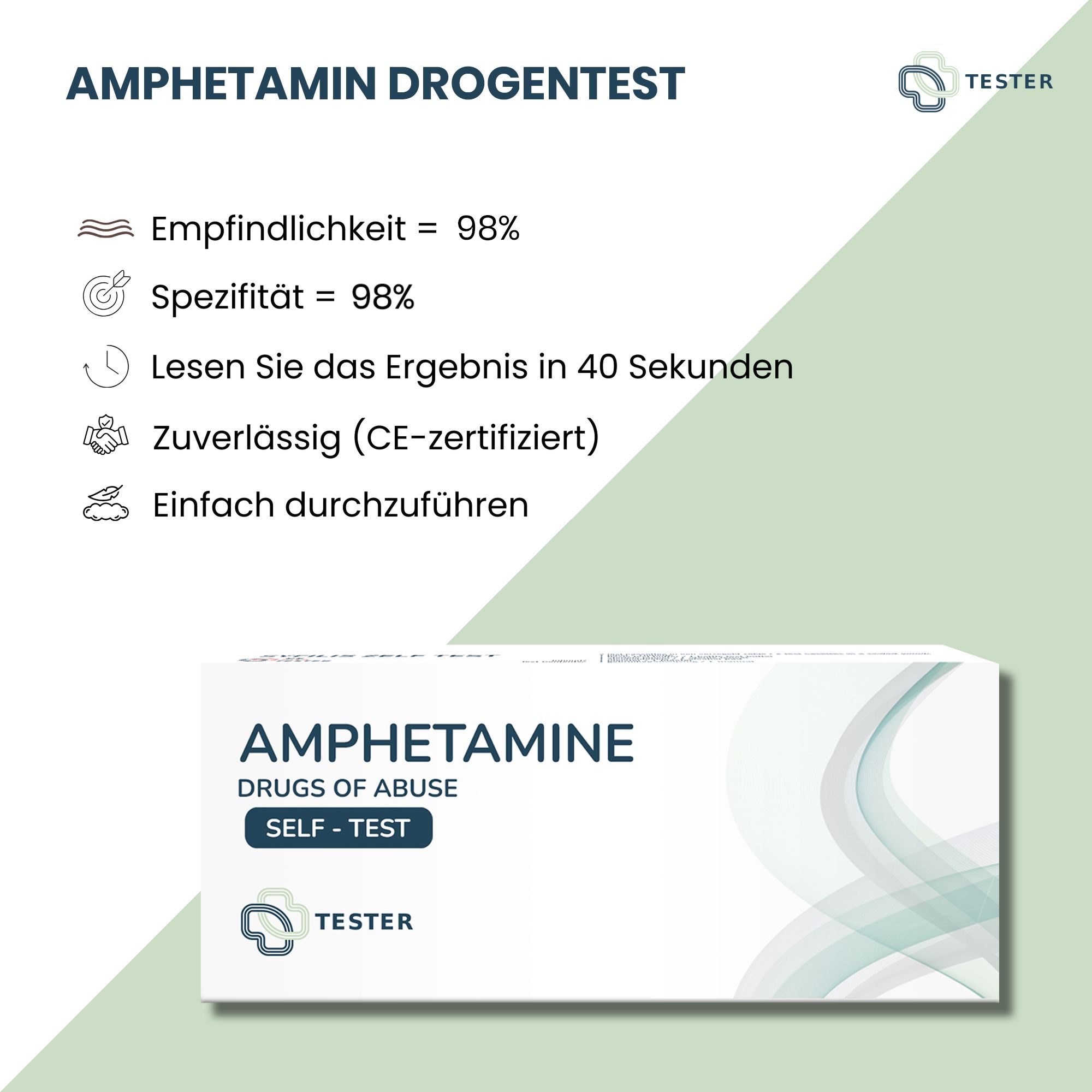 Confezione del test antidroga. "Amphetamin Drogentest" e testo con simboli e percentuali. Certificato CE.