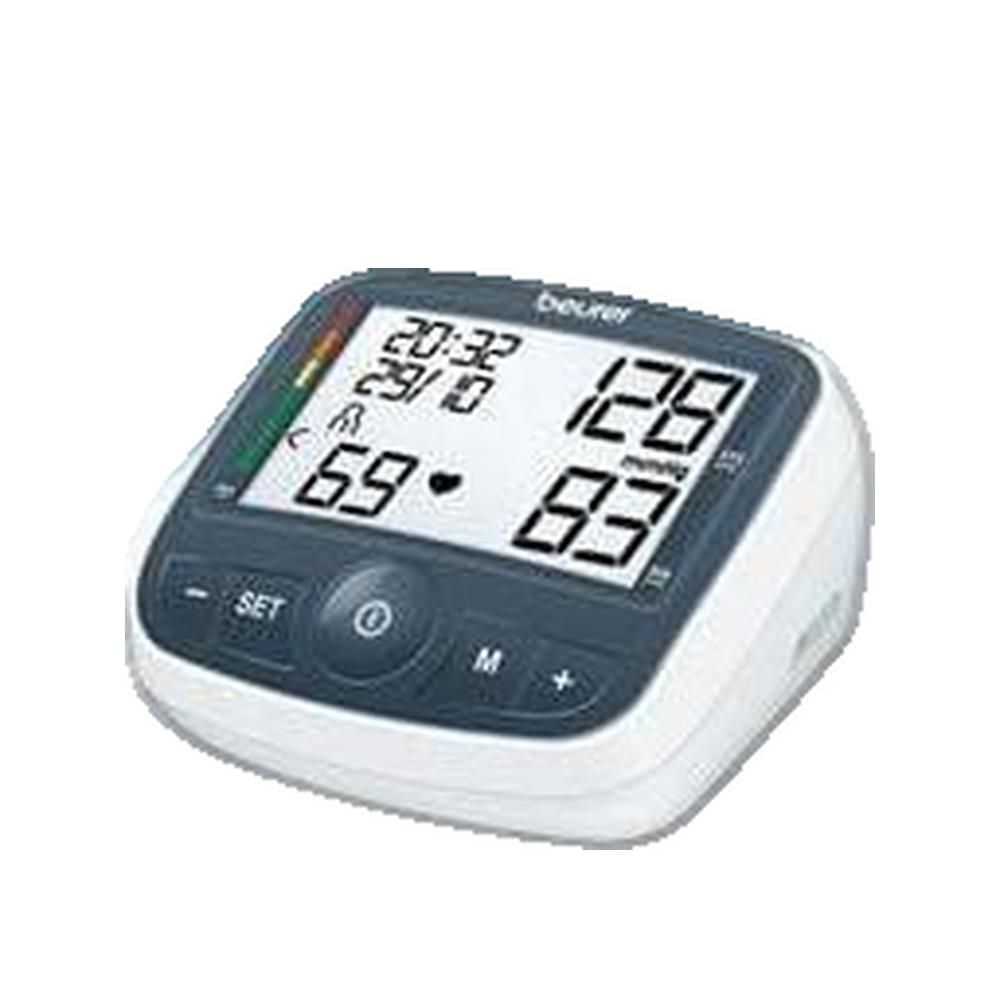 Misuratore di pressione con display. Visualizzazione di data, ora e valori. Corpo nero, schermo bianco, pulsanti grigi.