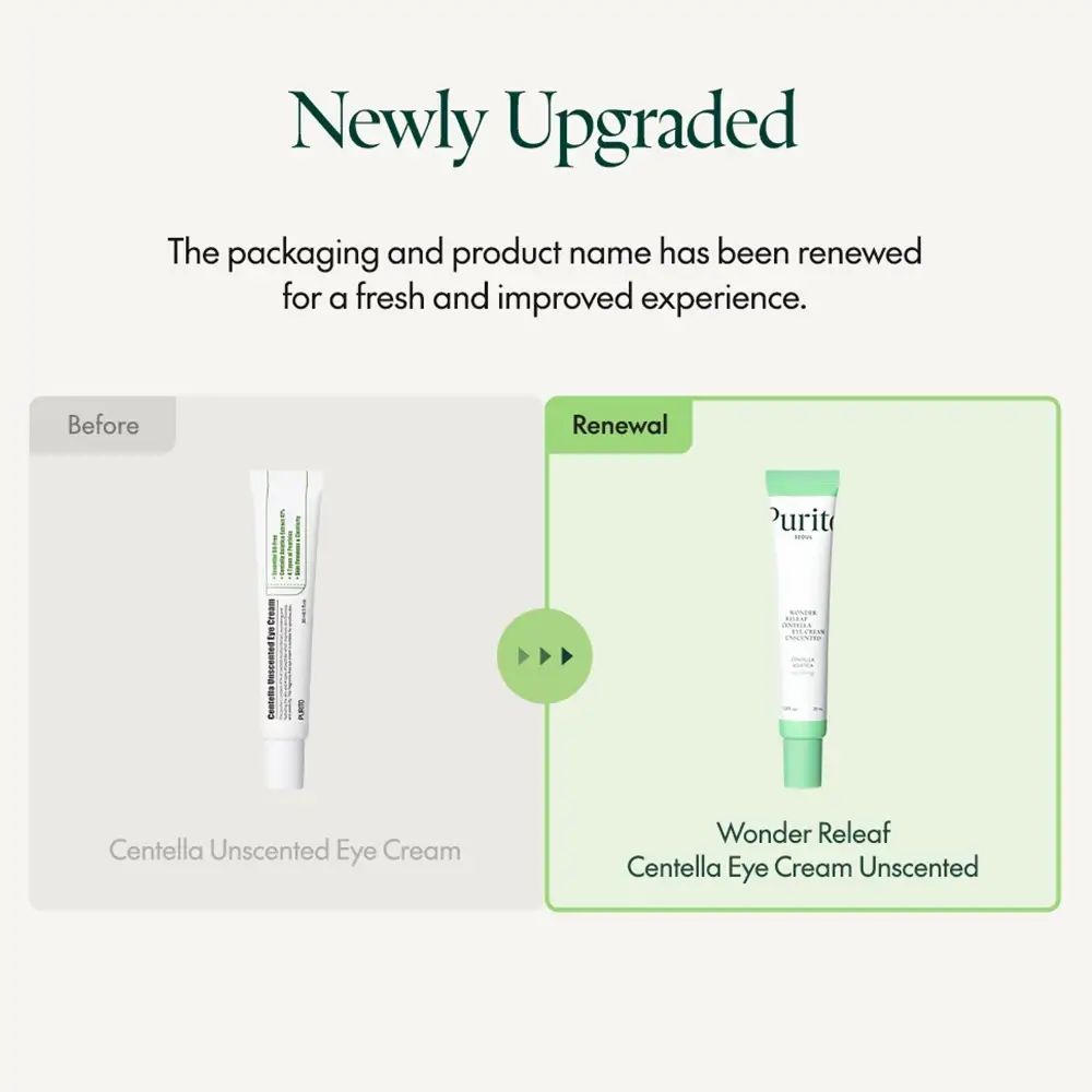 Confronto tra due tubi di crema per gli occhi. A sinistra: Centella Unscented Eye Cream. A destra: PURITO Wonder Releaf Centella Eye Cream Unscented. Testo: Newly Upgraded.