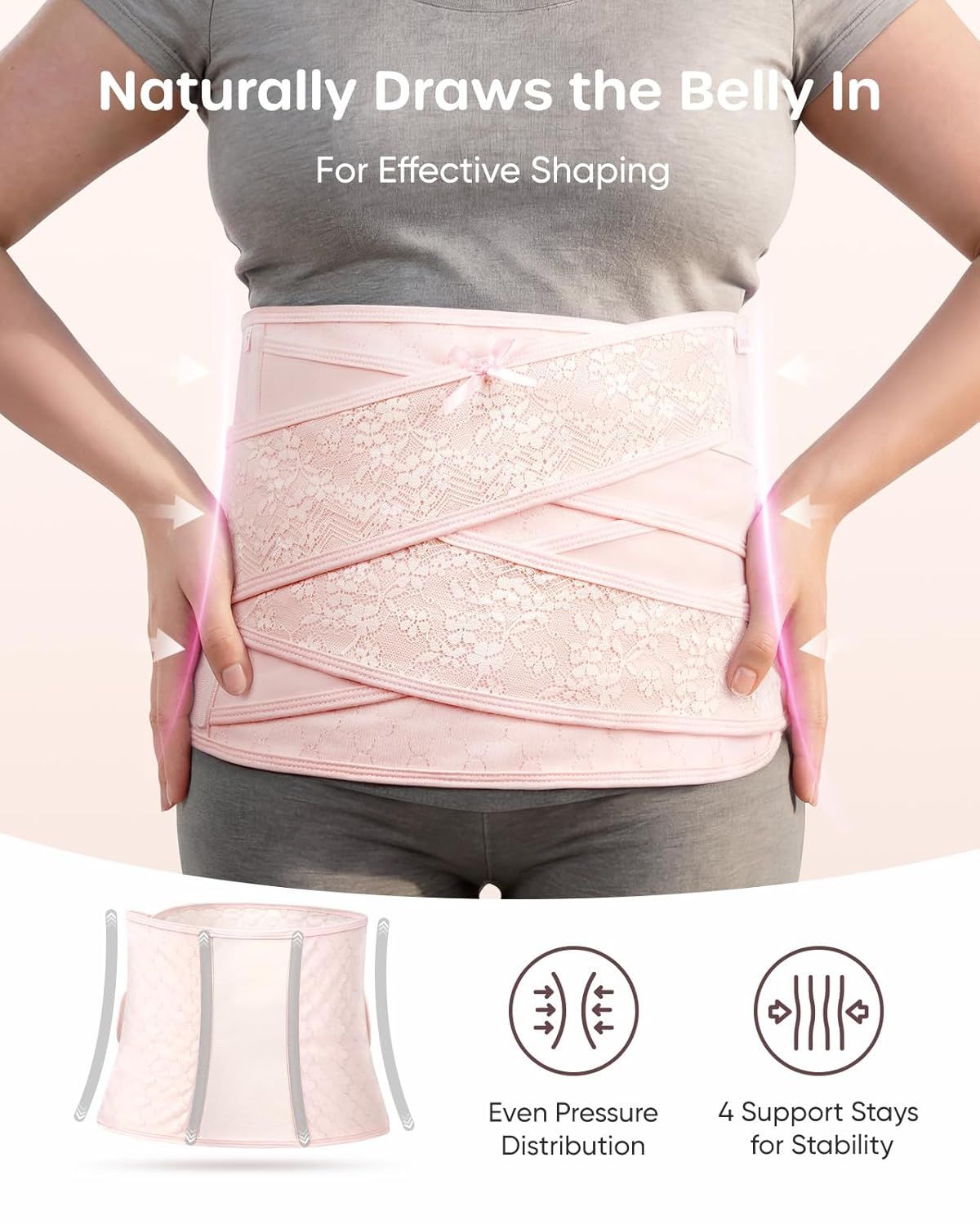 Fascia addominale rosa indossata da una donna, che mostra il supporto incrociato a V.