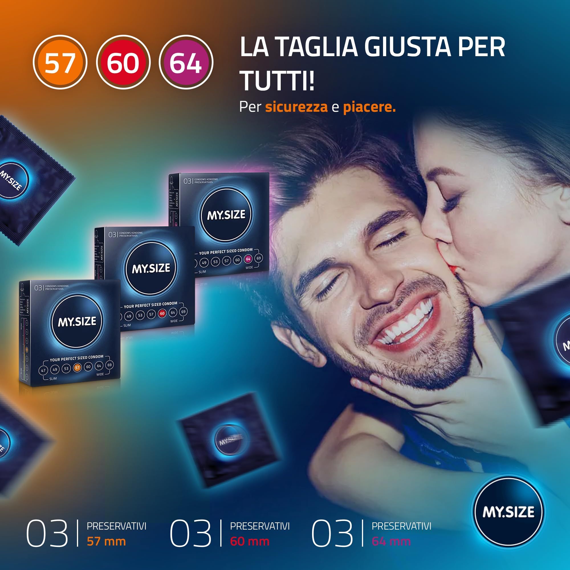 Coppia che si bacia, circondata da confezioni di preservativi MY.SIZE e indicazioni di taglia.