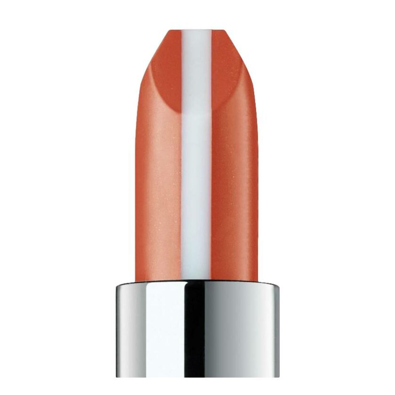 Primo piano del rossetto. Colore arancione-rosa con striscia bianca al centro.