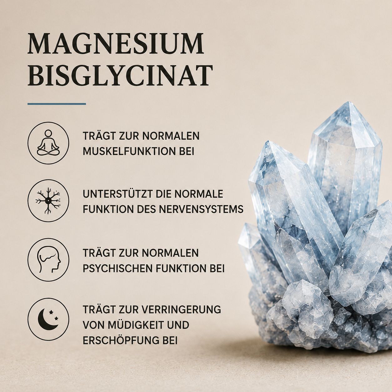 Magnesio Bisglicinato: Supporta muscoli, nervi, psiche, riduce la stanchezza.