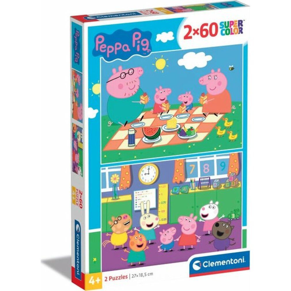 Puzzle Clementoni Peppa Pig, 2x60 pezzi. Confezione, vista laterale. Illustrazioni Peppa Pig. 2 puzzle con scene della serie.