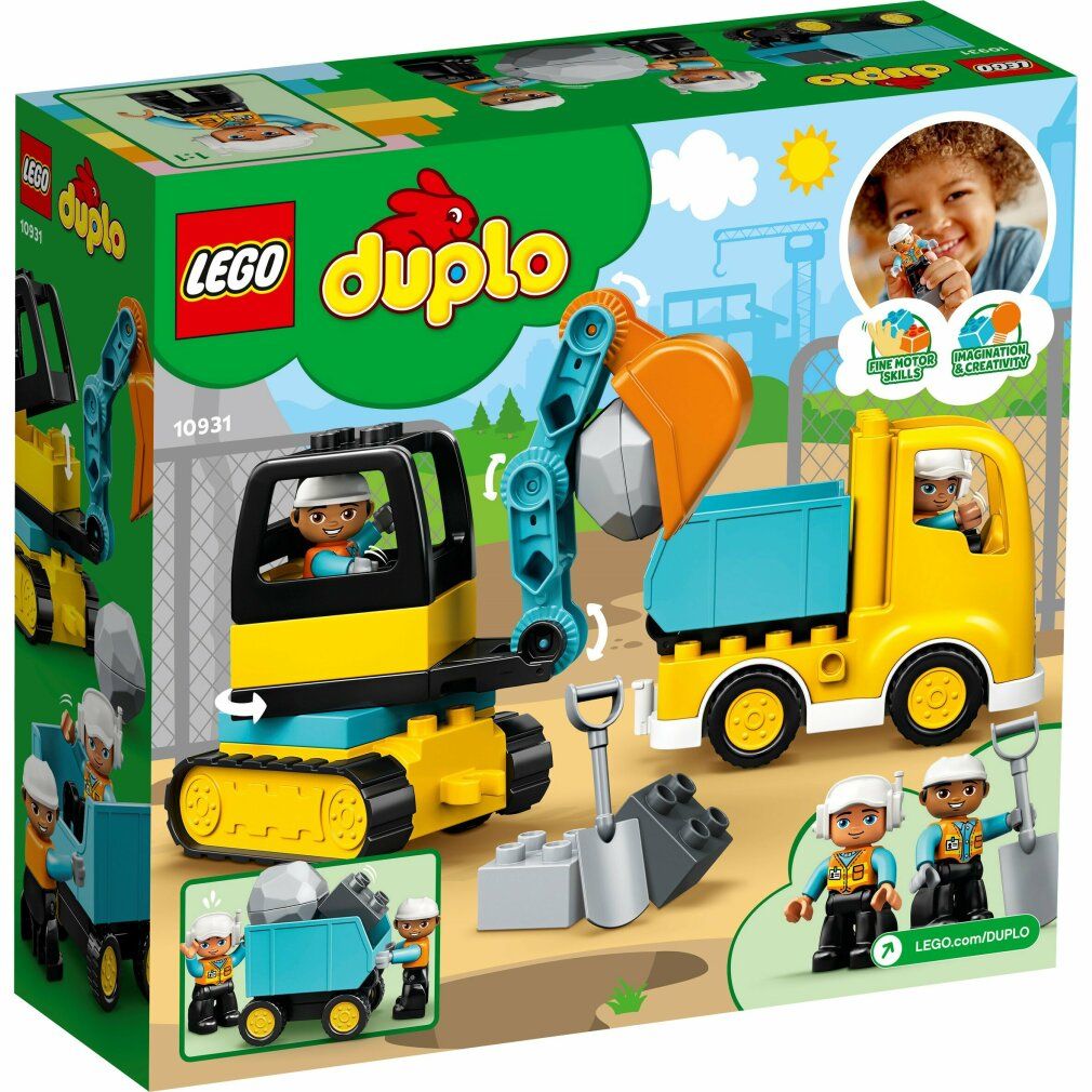 LEGO Duplo Bagger und Laster. Confezione con camion giallo, escavatore, personaggi e blocchi. Logo, nome del prodotto e raccomandazione di età.
