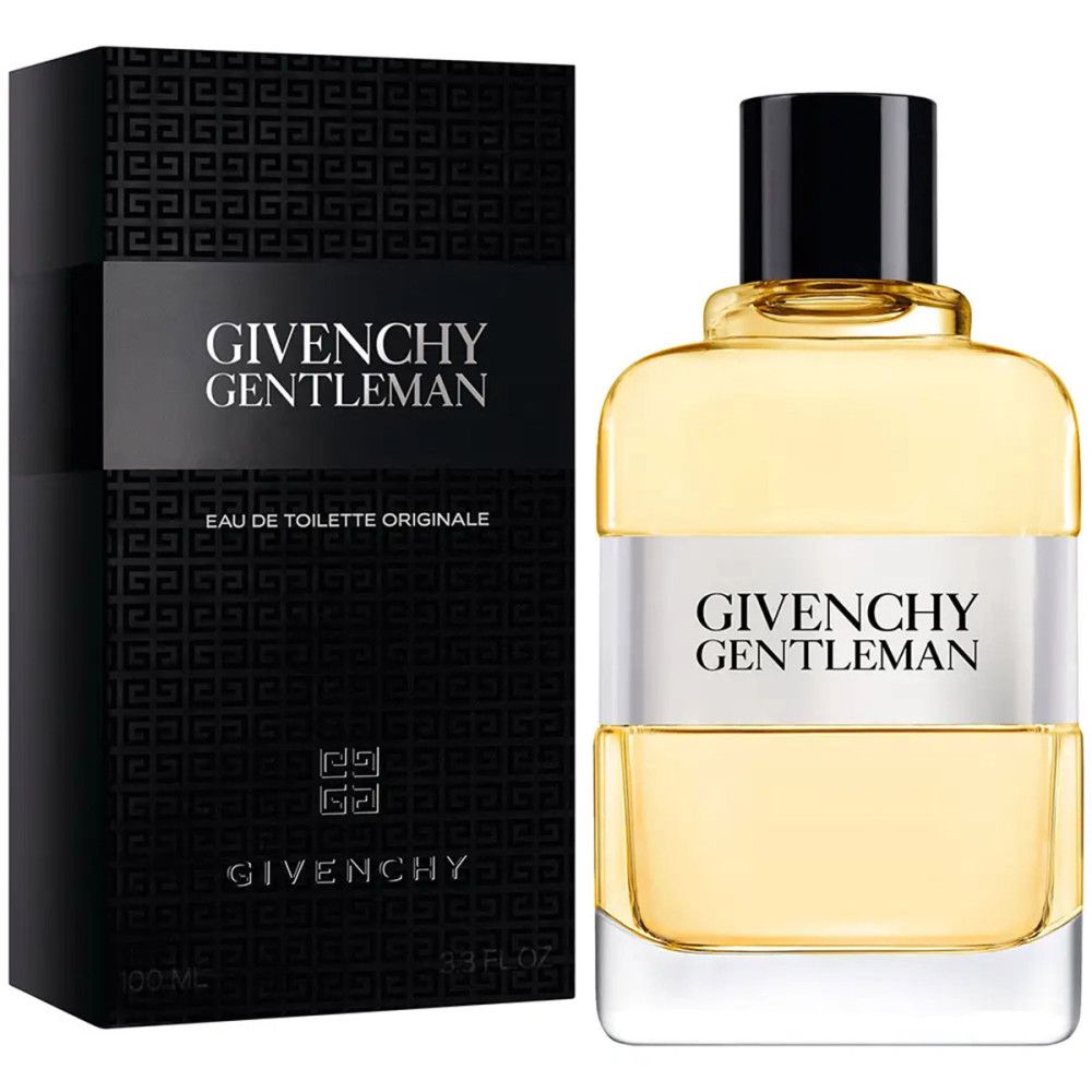 Givenchy Gentleman Eau de Toilette. Flacone e confezione. Scatola nera con logo. Flacone rettangolare, fascia bianca e logo.