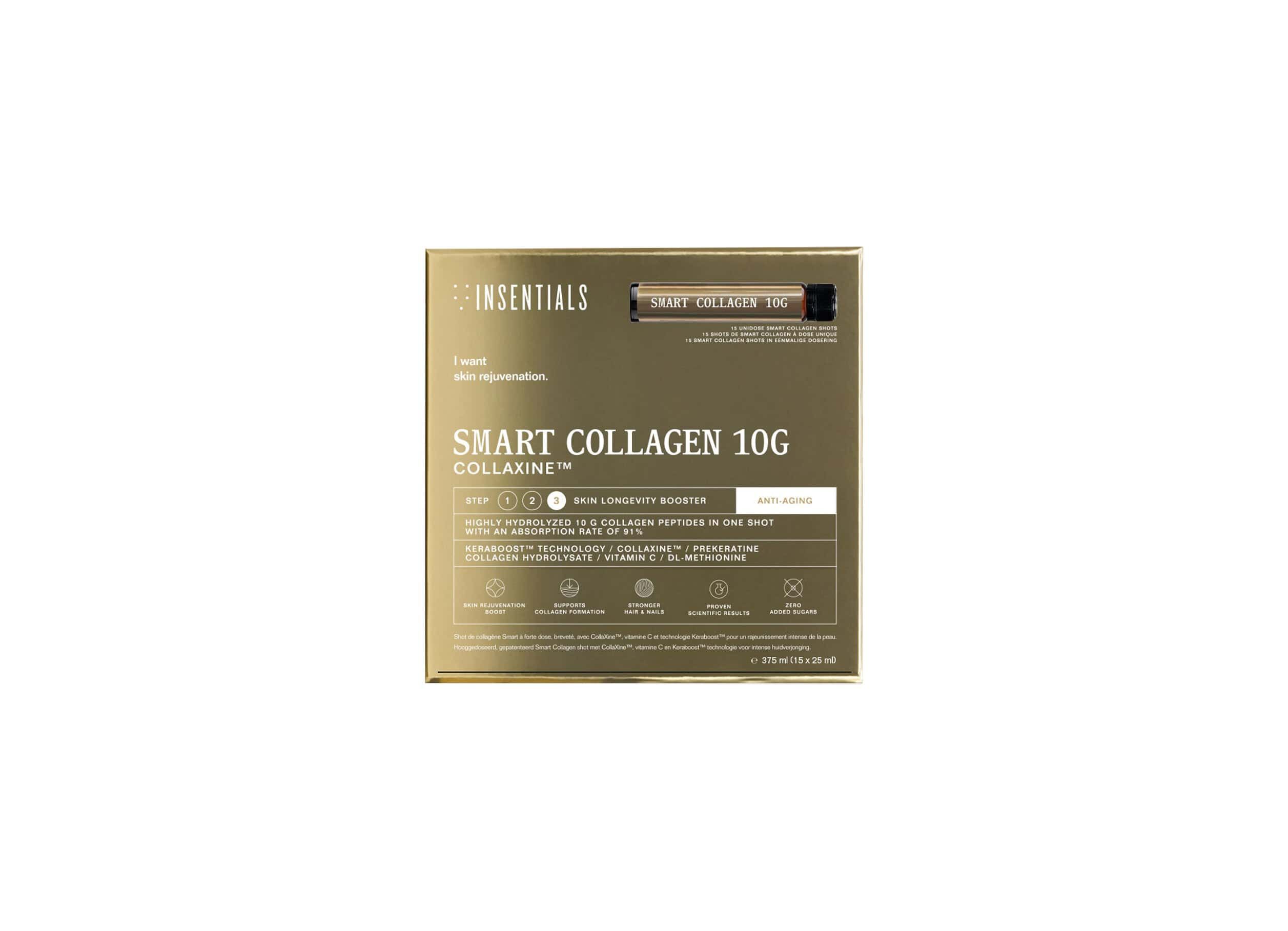 Confezione dorata per Smart Collagen 10g, con una singola fiala e informazioni sul prodotto.