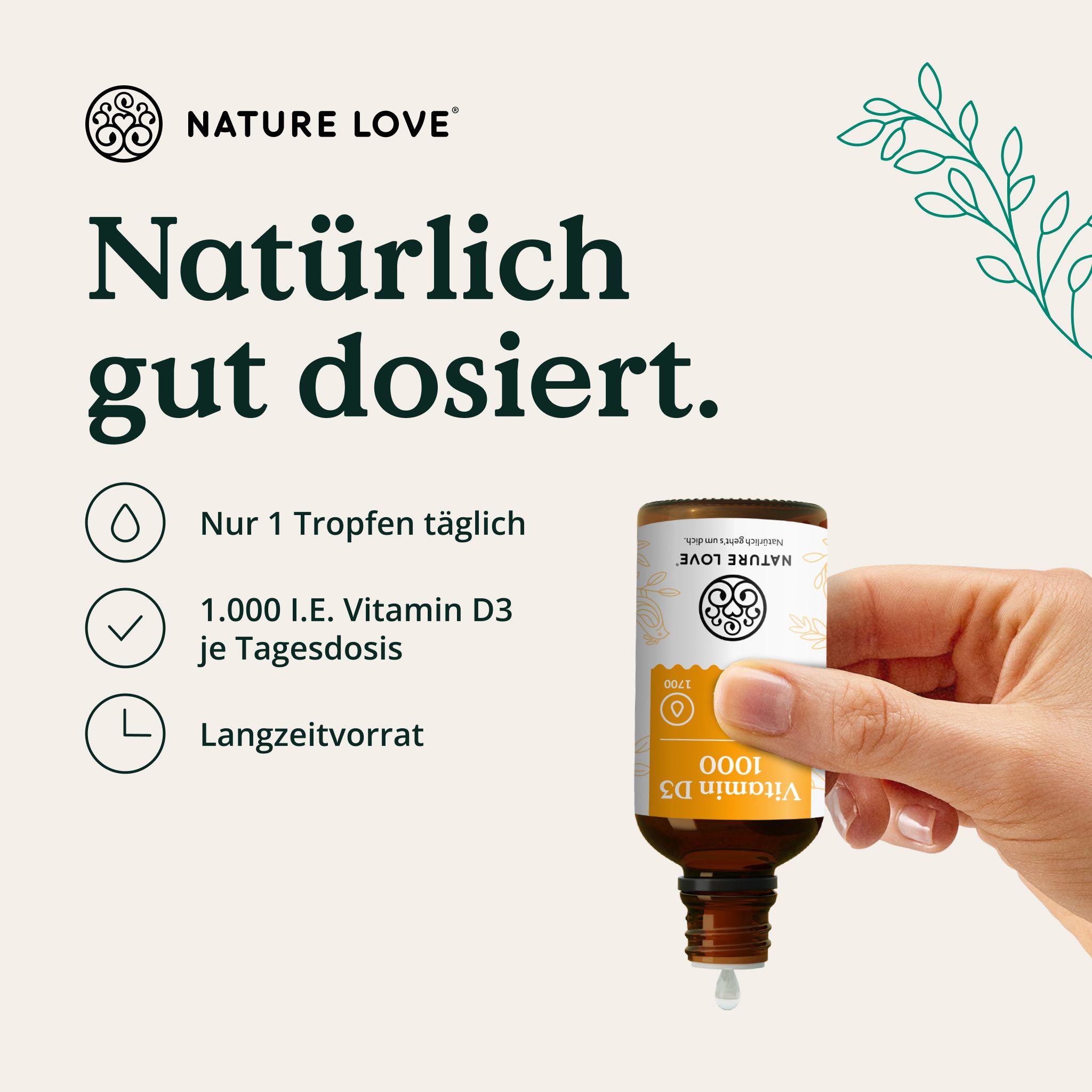 Flacone NATURE LOVE® Vitamina D3 1000 UI, 1 goccia al giorno, scorta a lungo termine.