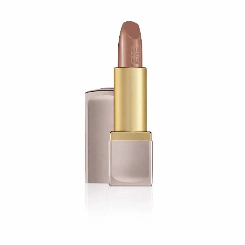 Rossetto aperto. Rossetto dorato con custodia rosa. La punta del rossetto è marrone chiaro. Il nome del marchio è inciso sul rossetto.