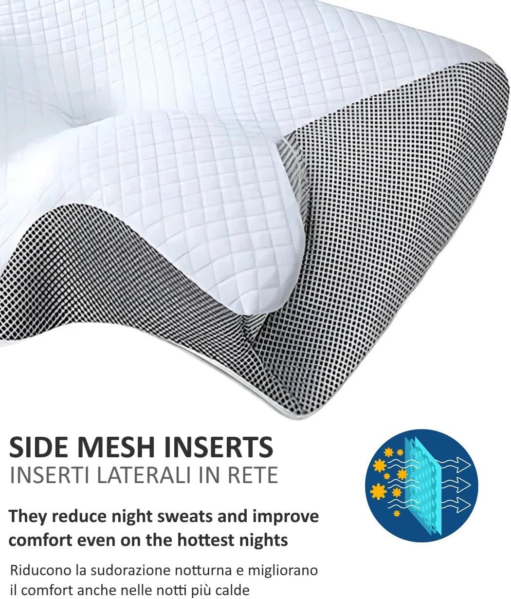 Primo piano di un cuscino con inserti laterali in rete. Il testo descrive la riduzione della sudorazione notturna e il miglioramento del comfort.