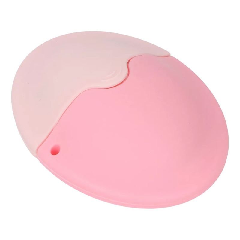 Prodotto ovale rosa in due parti. Parte superiore rosa chiaro, inferiore rosa scuro. Piccola apertura.