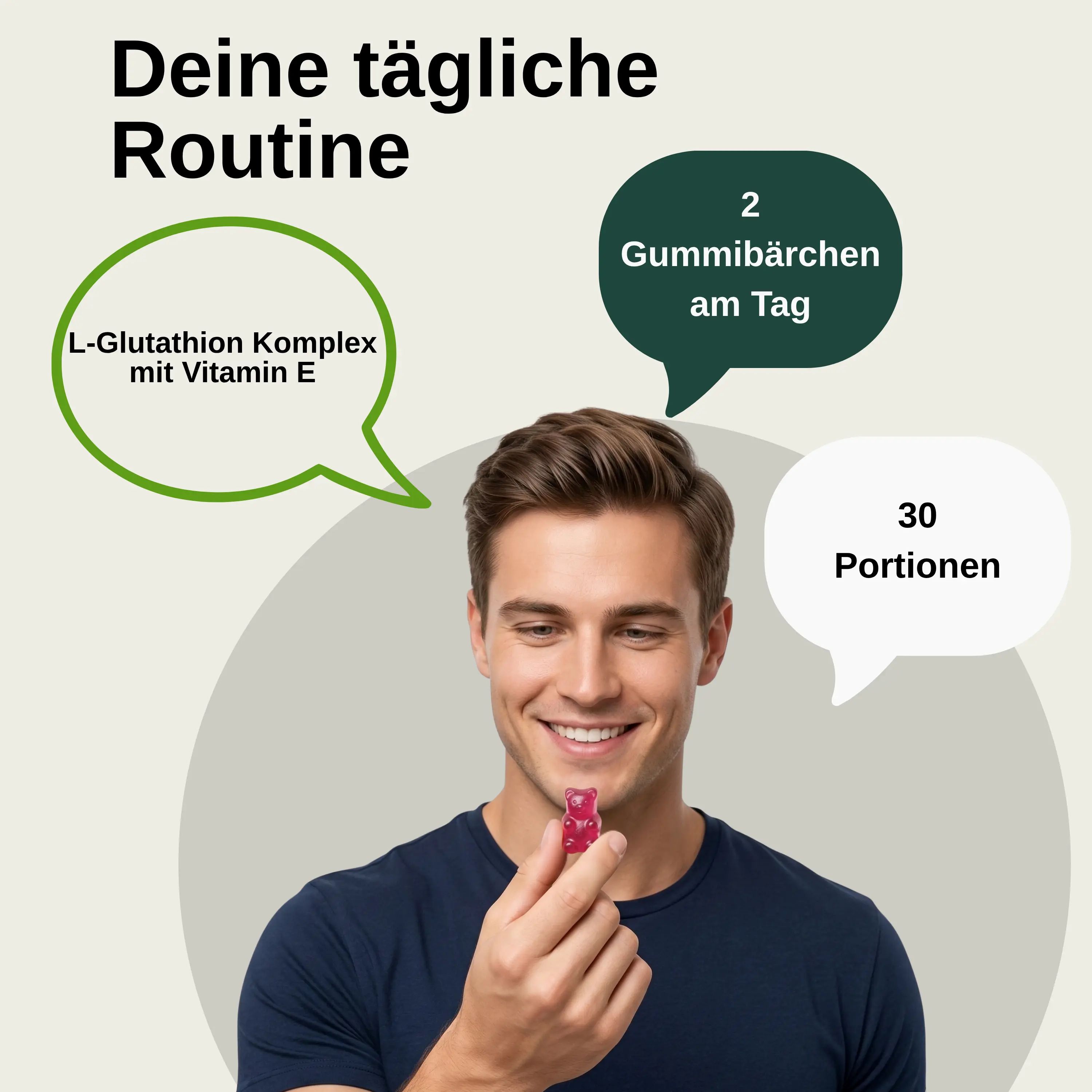 Uomo tiene Vita Elements L-Glutathion Gummibärchen. Testo sulla routine quotidiana: 2 caramelle gommose, 30 porzioni.