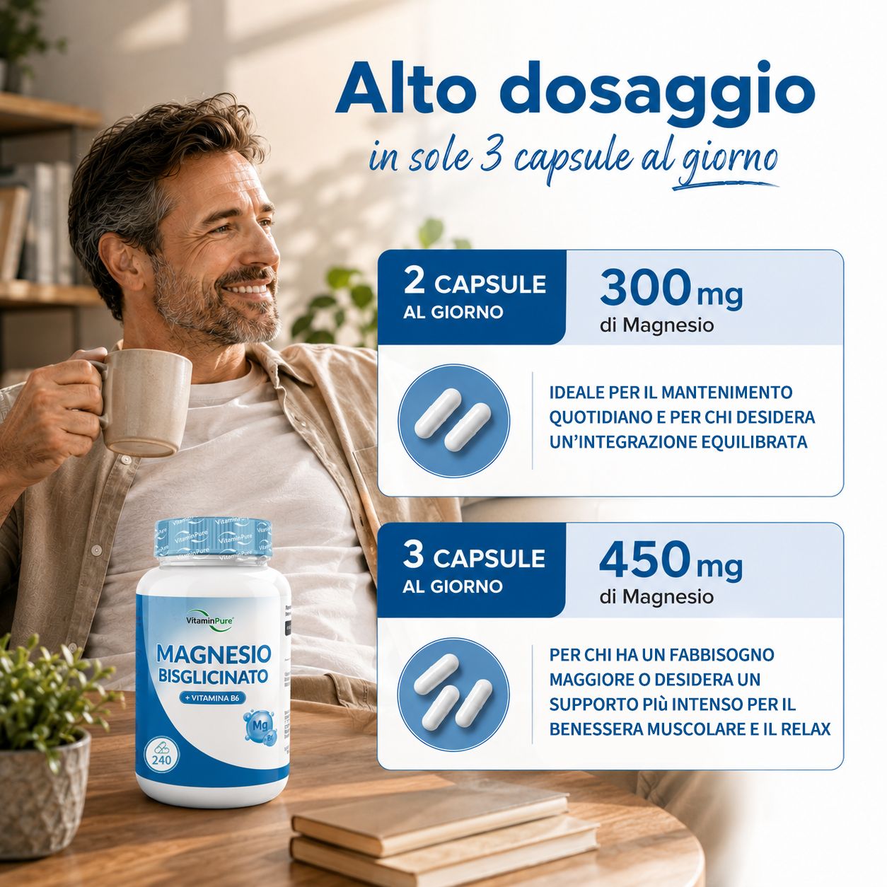Uomo con flacone VitaminPure Magnesio Bisglicinato. 3 capsule al giorno forniscono 450mg di magnesio.