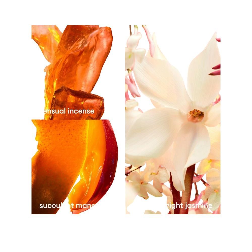 Due ritagli di immagini: Sensual Incense e Succulent Mango. Accanto, fiori chiari con la scritta Bright Jasmine.