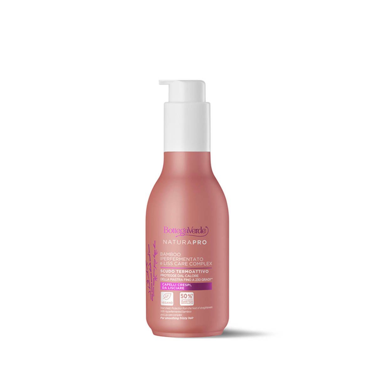 Flacone rosa con dosatore. Testo: Bottega Verde NaturaPro, Bamboo iperfermentato e LISS CARE COMPLEX, Scudo termoattivo. 50% riciclato.