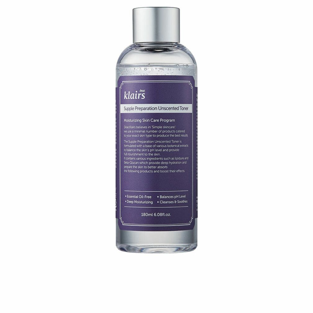 Flacone trasparente con tappo argentato. Scritta: Dear Klairs Supple Preparation Unscented Toner. Etichetta viola.