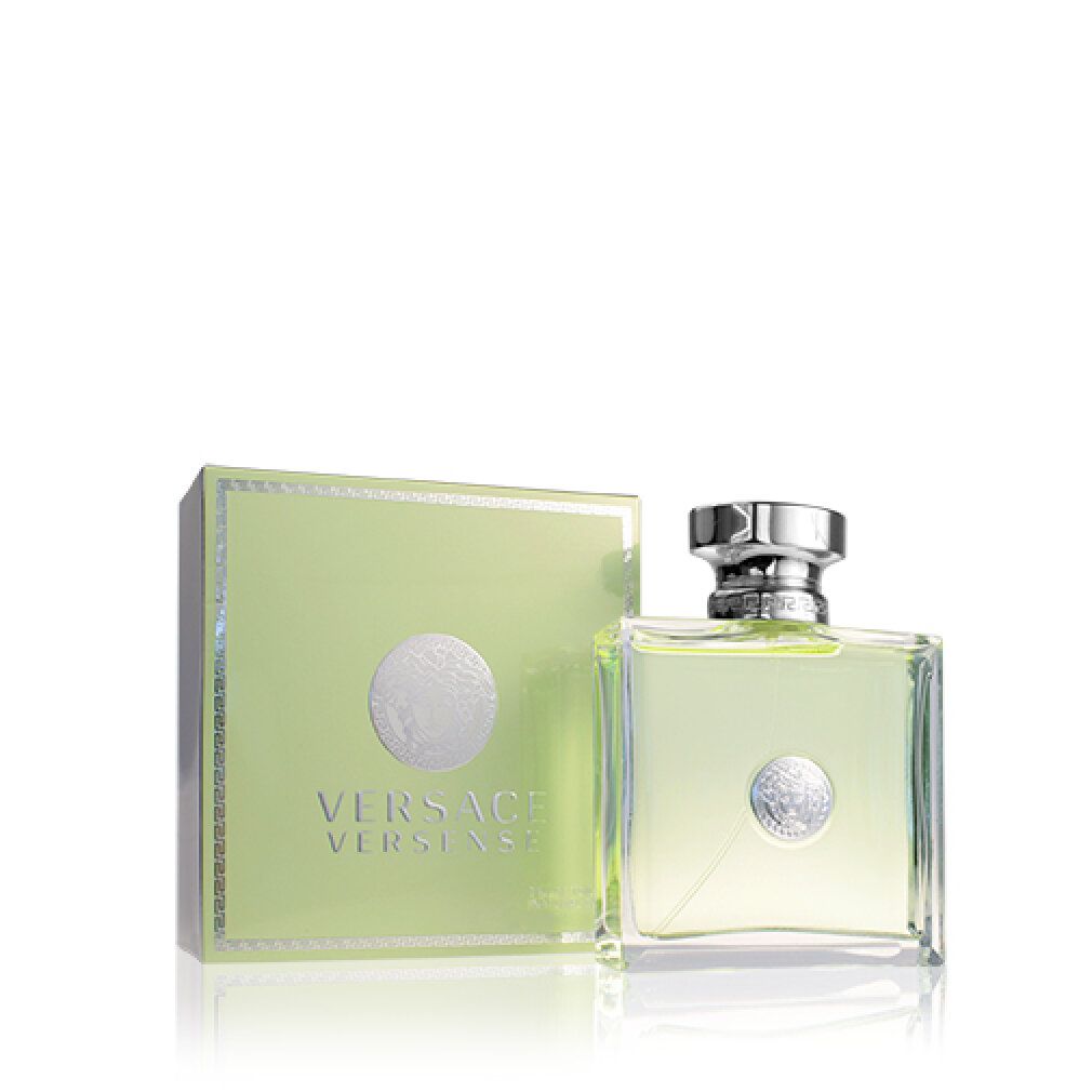 Scatola e flacone verdi. "VERSACE VERSENSE" sulla scatola. Flacone con tappo argentato e logo Medusa.