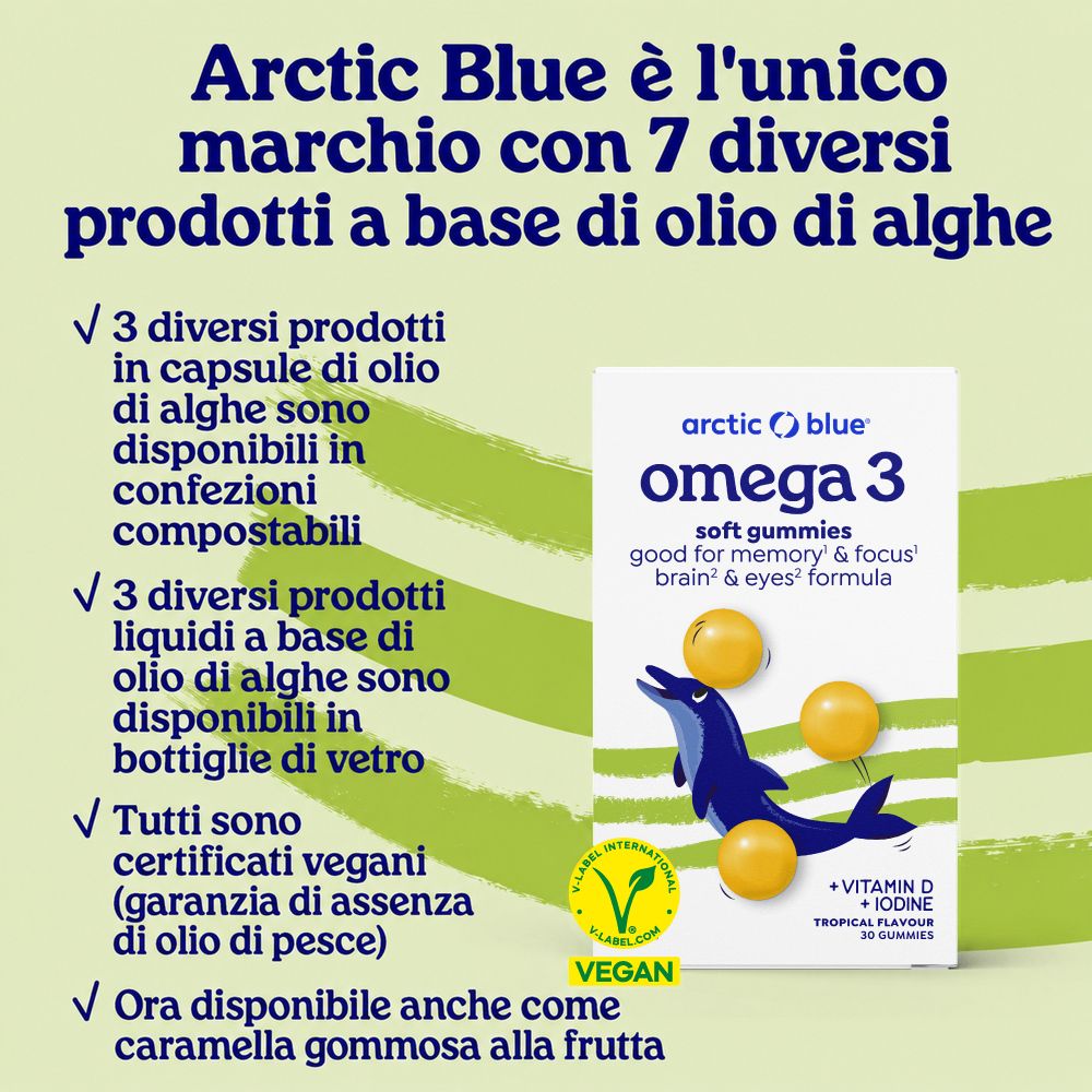 Arctic Blue: Marchio unico con 7 prodotti a base di olio di alghe, certificato vegan.