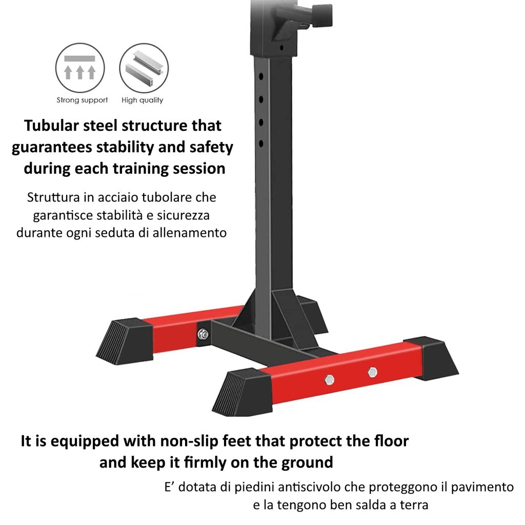 Supporto per squat nero e rosso in acciaio. Testo: 'Tubular steel structure that guarantees stability'.
