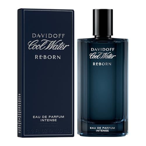Scatola blu e flacone. Scritta: Davidoff Cool Water Reborn, Eau de Parfum Intense. Flacone con tappo nero.